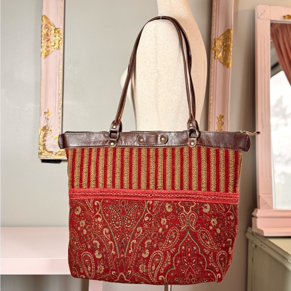 Large Vintage Carpet Tapestry Tote with Leather Trim